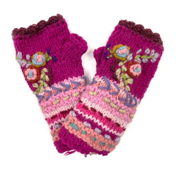 Zig Zag Accessories - 🌸🪶☮️Handcrafted Flower Embroidered Fingerless Gloves – Made in Nepal